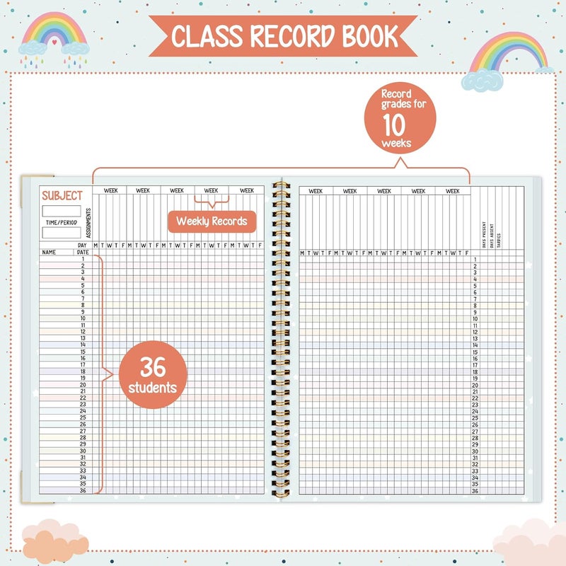 Dapsang Teacher Record Book Spiral Bound Teacher Grade Book with Metal Corner Protector, 100gsm Thick Paper, Waterproof Thick Cover, Favors Gift Gradebook for Teachers Double-Sided Color Printing 8.3''x11.4'' - Image 3